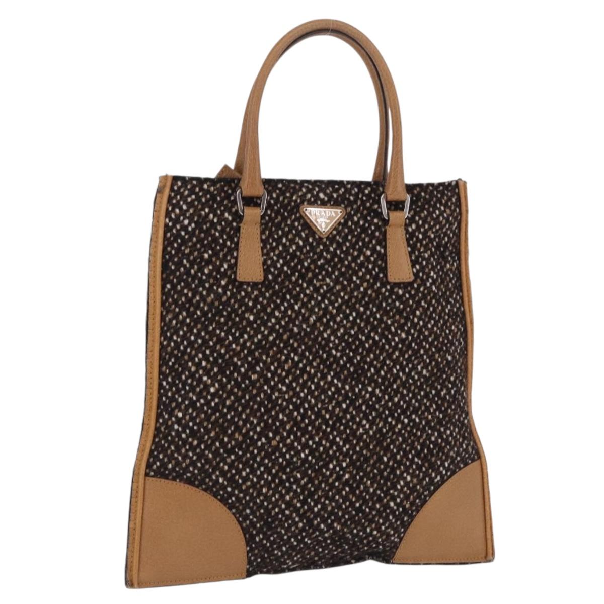 PRADA Hand Bag Tweed Brown Silver Auth 202875A