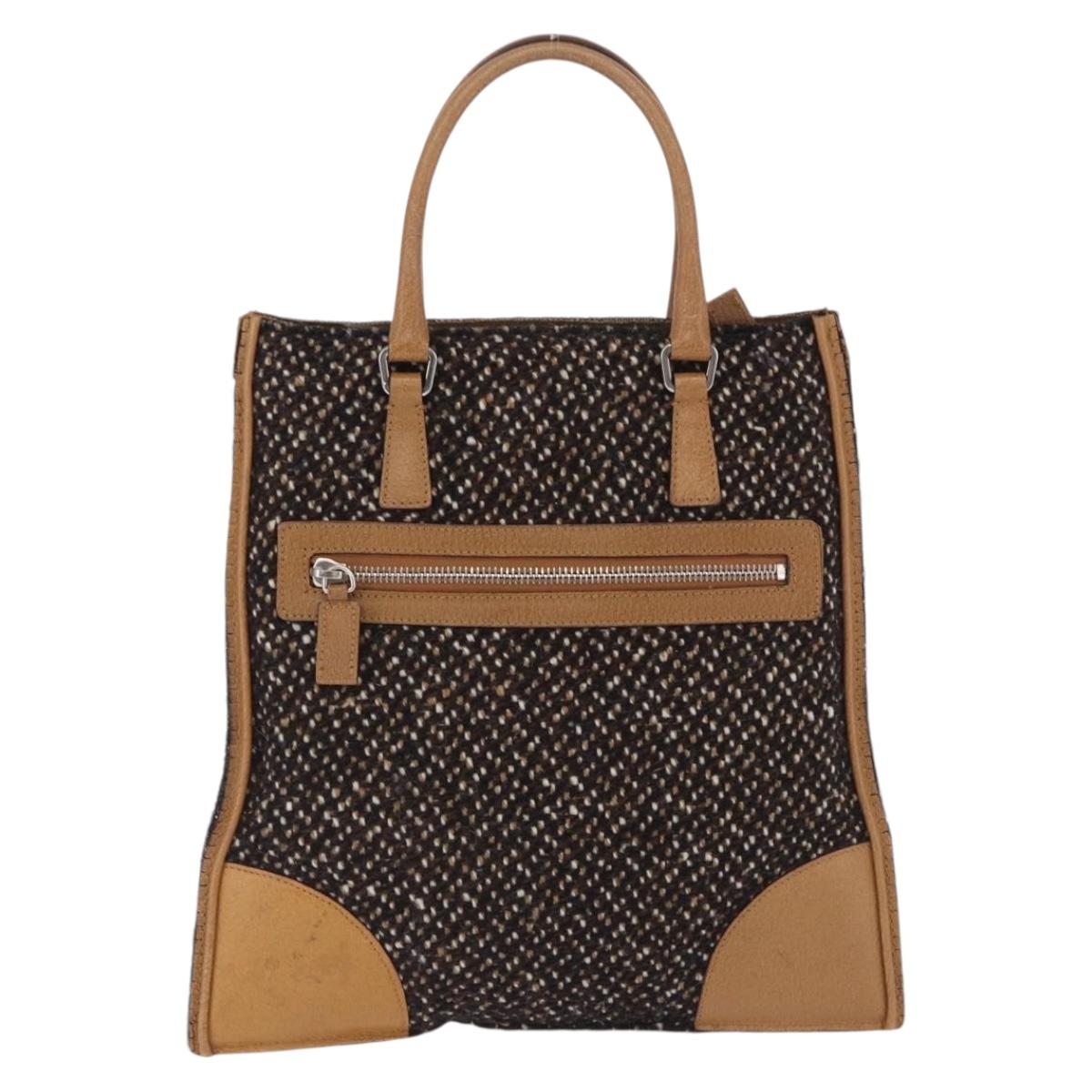 PRADA Hand Bag Tweed Brown Silver Auth 202875A