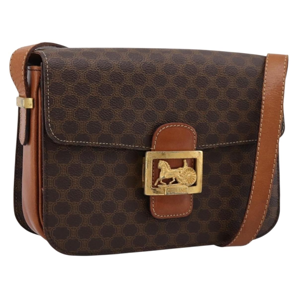 CELINE Macadam Canvas Horse Carriage Bag PVC Leather Brown Gold Auth 202877