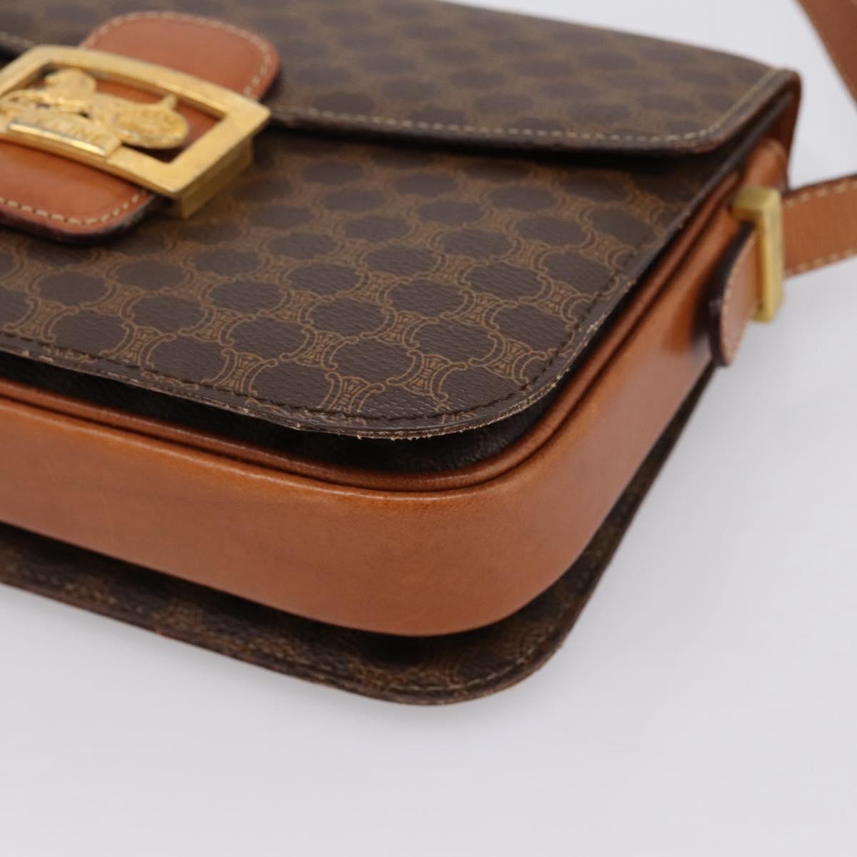 CELINE Macadam Canvas Horse Carriage Bag PVC Leather Brown Gold Auth 202877
