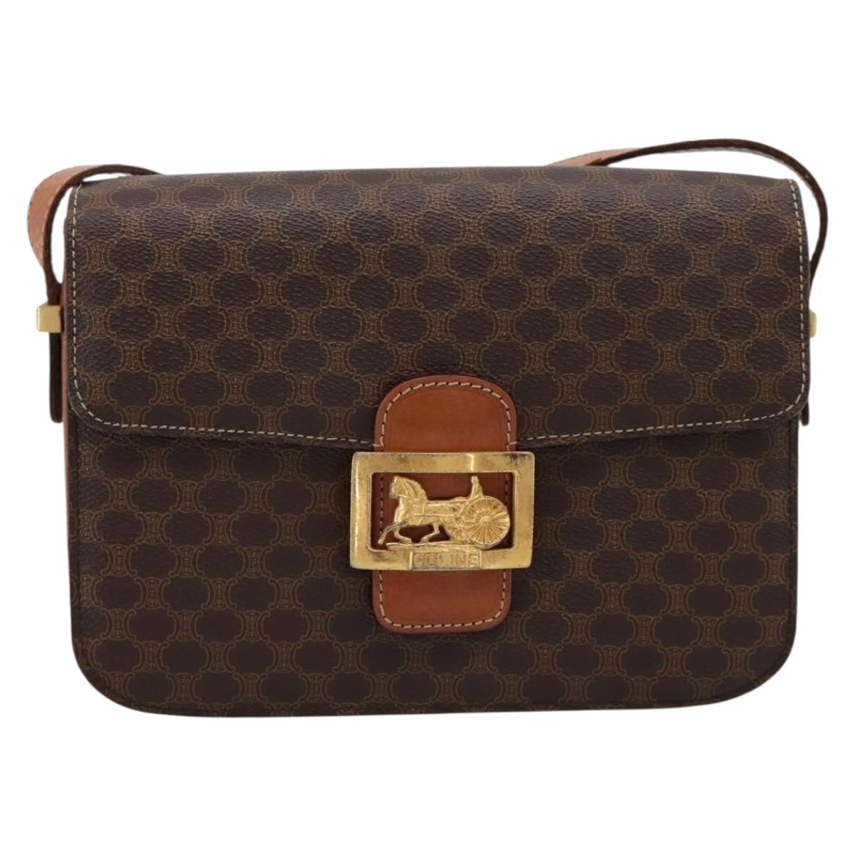 CELINE Macadam Canvas Horse Carriage Bag PVC Leather Brown Gold Auth 202877