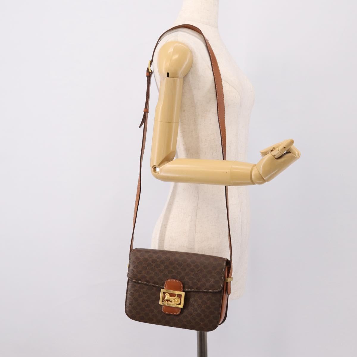 CELINE Macadam Canvas Horse Carriage Bag PVC Leather Brown Gold Auth 202877