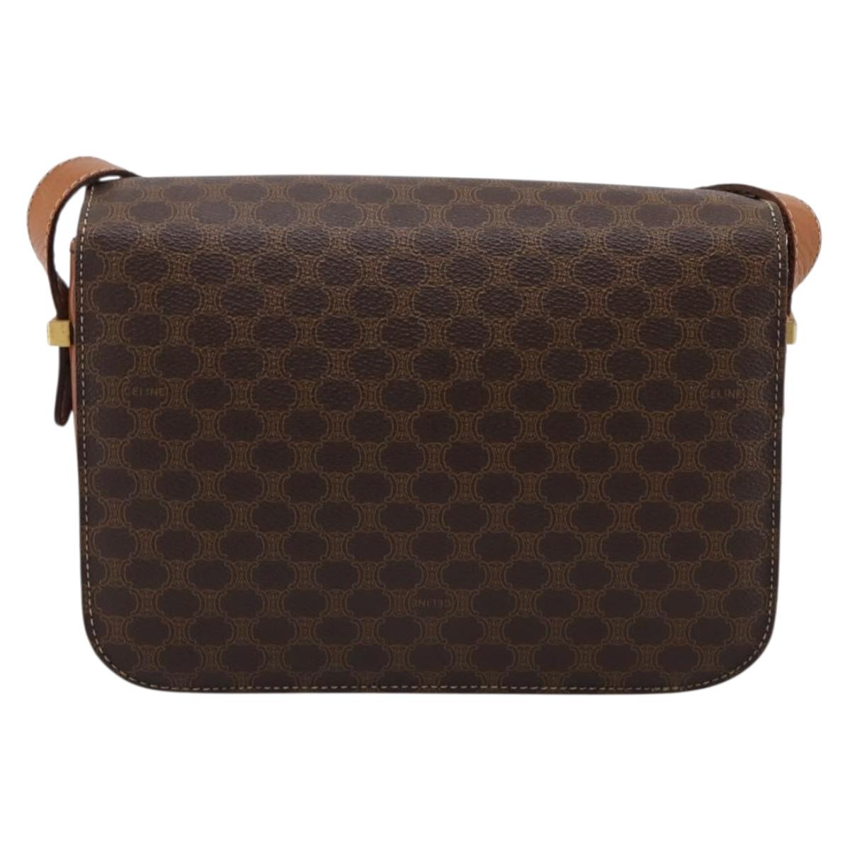 CELINE Macadam Canvas Horse Carriage Bag PVC Leather Brown Gold Auth 202877