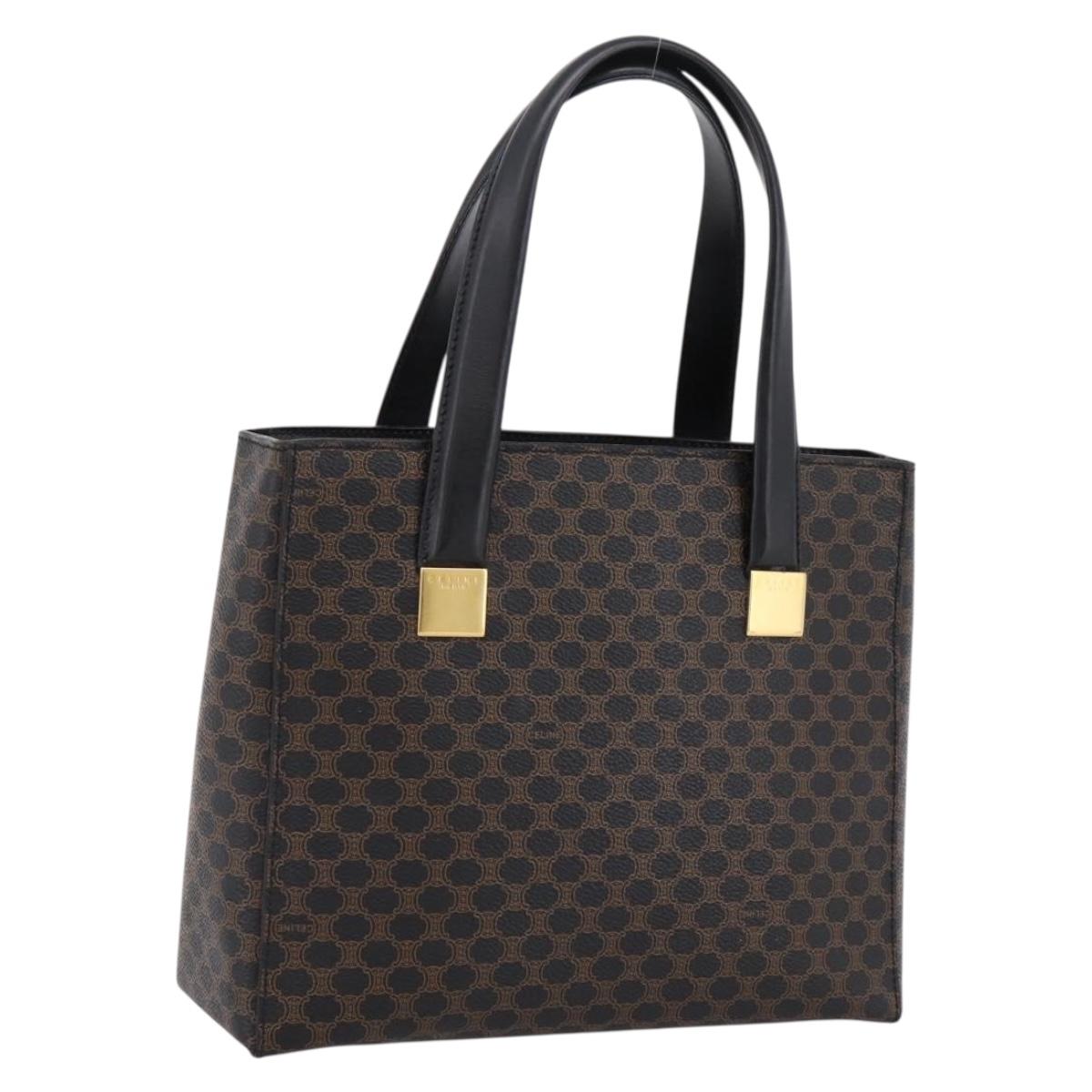 CELINE Macadam Canvas Circle Hand Bag PVC Leather Black Gold Auth 202882