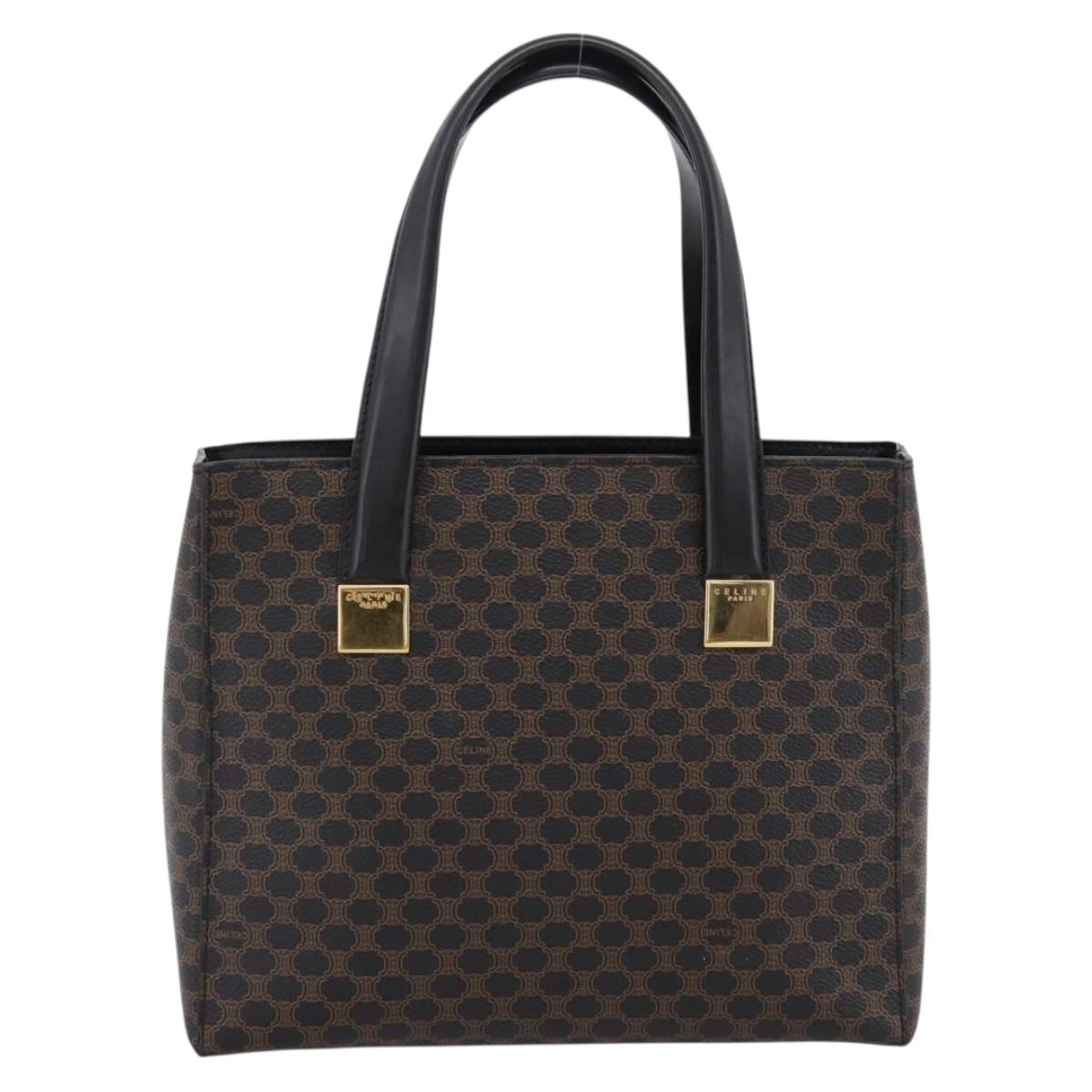 CELINE Macadam Canvas Circle Hand Bag PVC Leather Black Gold Auth 202882