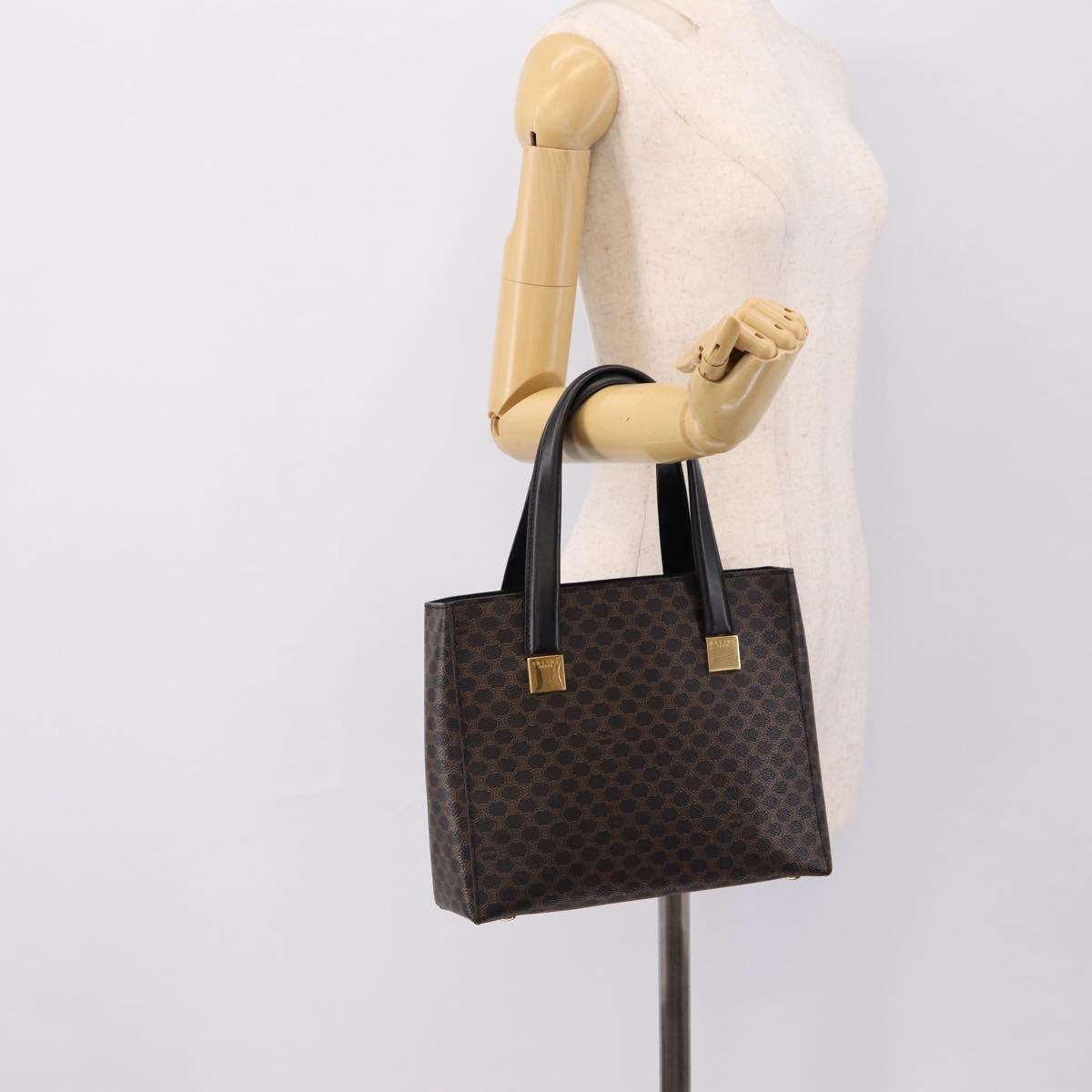 CELINE Macadam Canvas Circle Hand Bag PVC Leather Black Gold Auth 202882