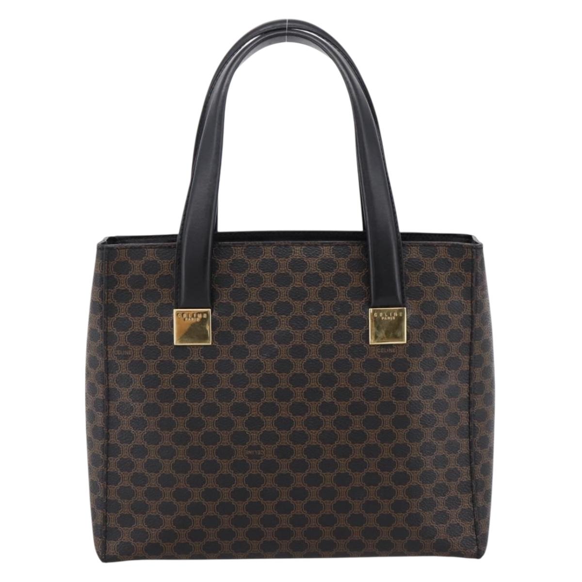 CELINE Macadam Canvas Circle Hand Bag PVC Leather Black Gold Auth 202882