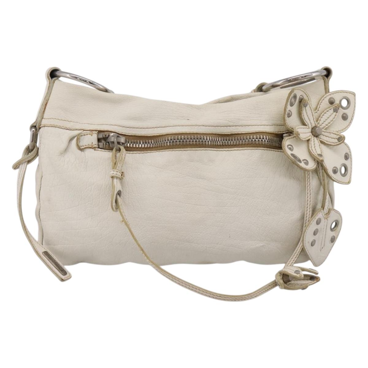 Miu Miu Shoulder Bag Leather White Silver Auth 202884A