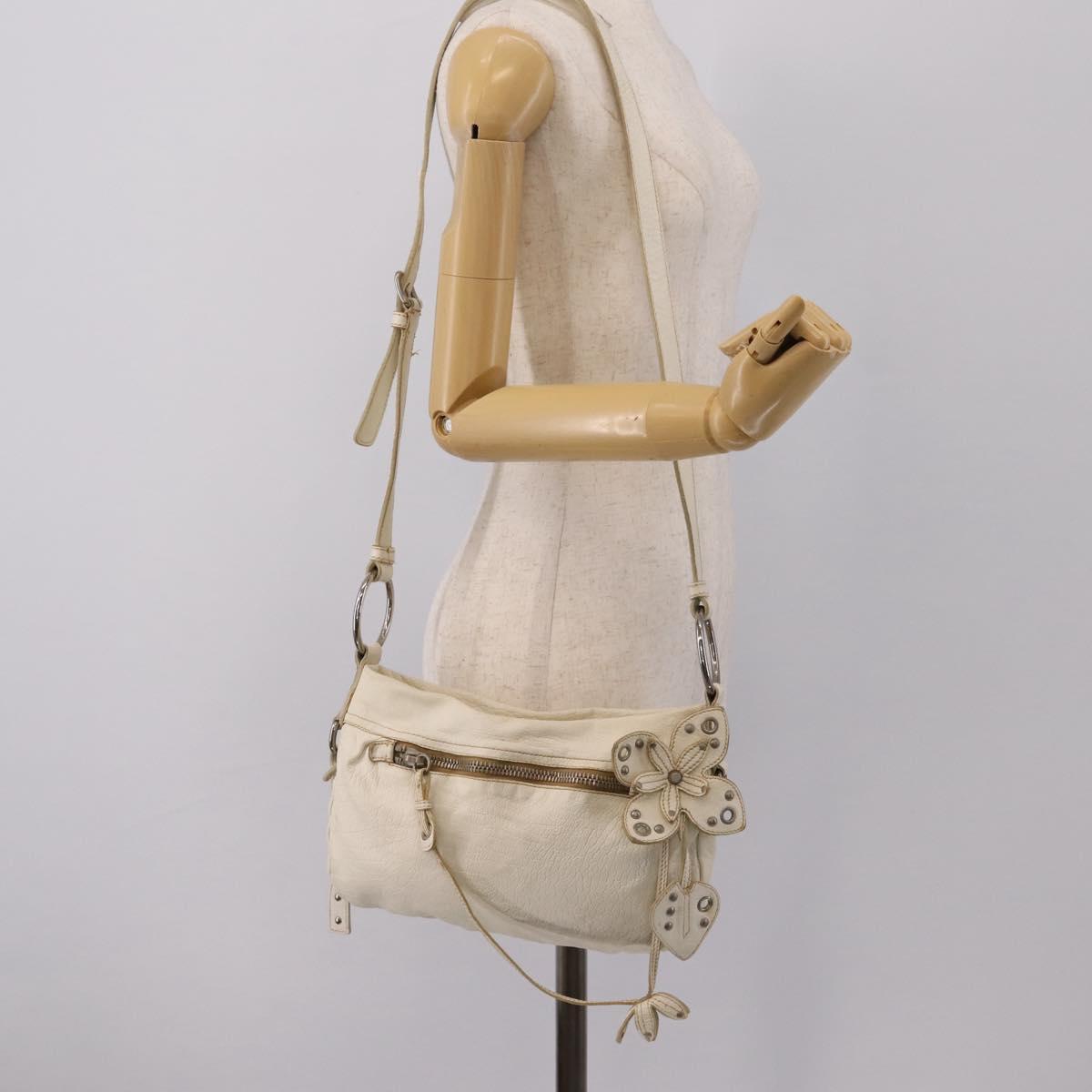 Miu Miu Shoulder Bag Leather White Silver Auth 202884A