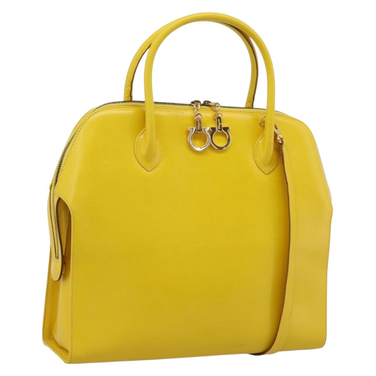 Salvatore Ferragamo Gancini Hand Bag Leather 2way Yellow Gold Auth 202887