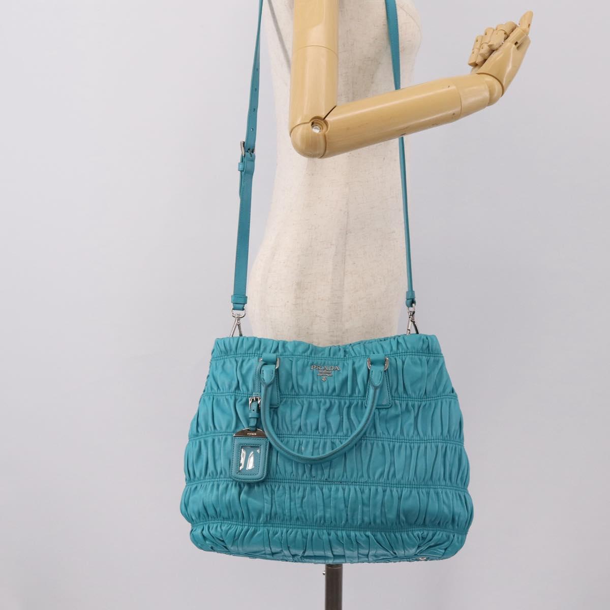 PRADA Matelasse Hand Bag Nylon 2way Turquoise Blue Silver Auth 202888V