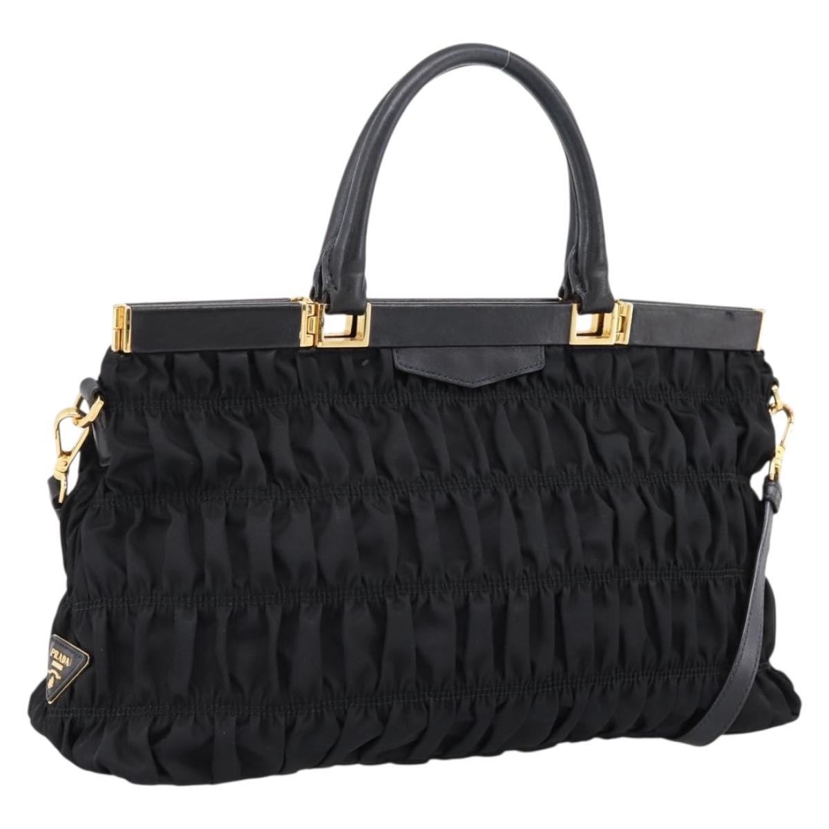PRADA Gathered Hand Bag Nylon 2way Black Gold Auth 202889A