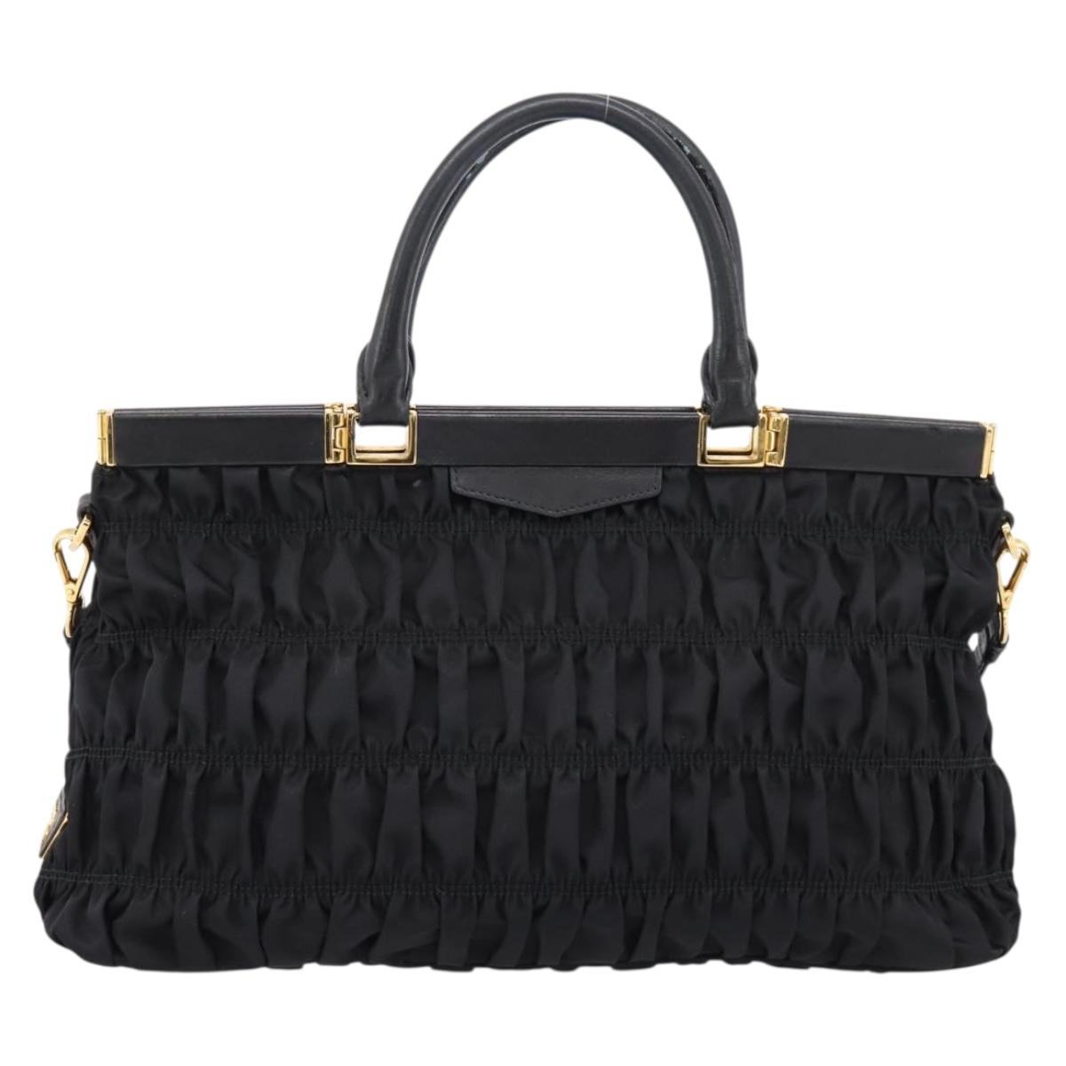 PRADA Gathered Hand Bag Nylon 2way Black Gold Auth 202889A
