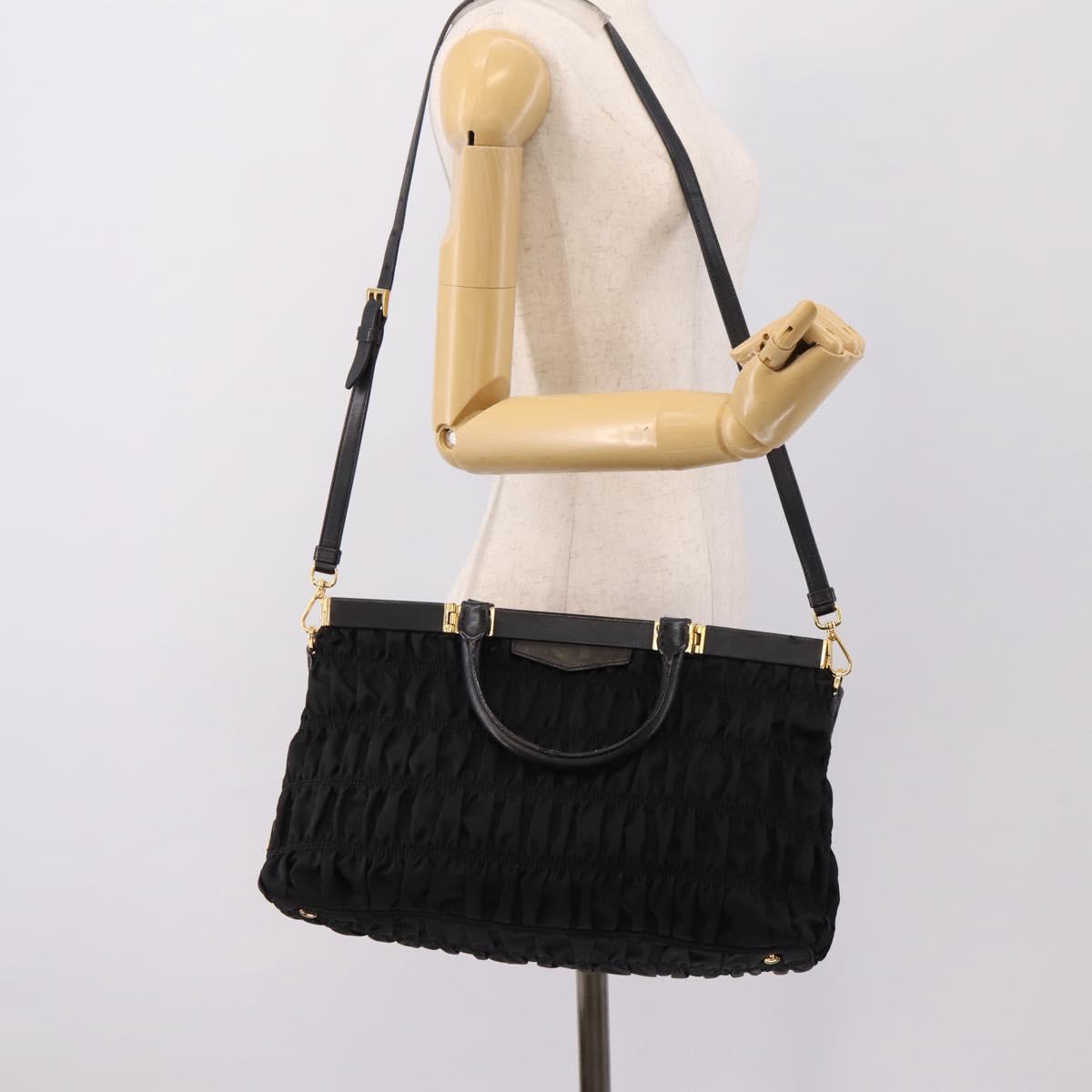PRADA Gathered Hand Bag Nylon 2way Black Gold Auth 202889A