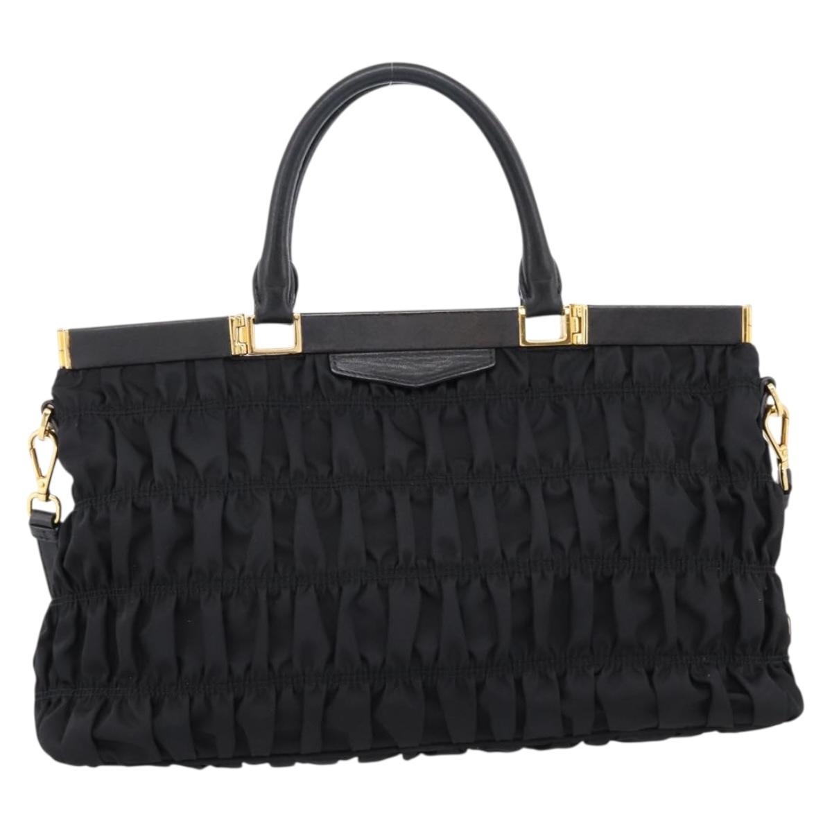 PRADA Gathered Hand Bag Nylon 2way Black Gold Auth 202889A