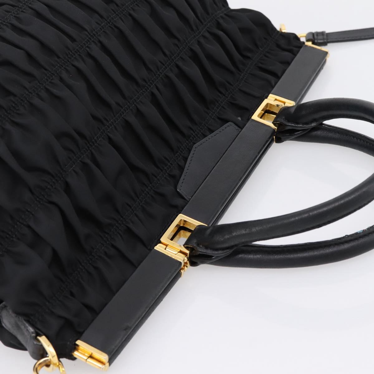 PRADA Gathered Hand Bag Nylon 2way Black Gold Auth 202889A