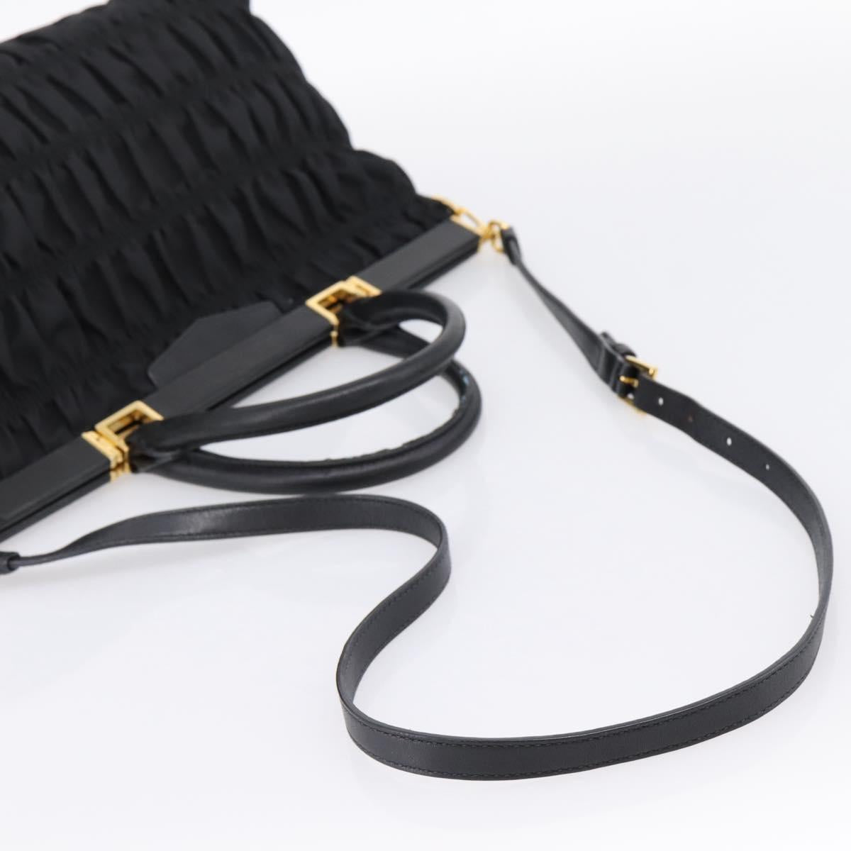 PRADA Gathered Hand Bag Nylon 2way Black Gold Auth 202889A
