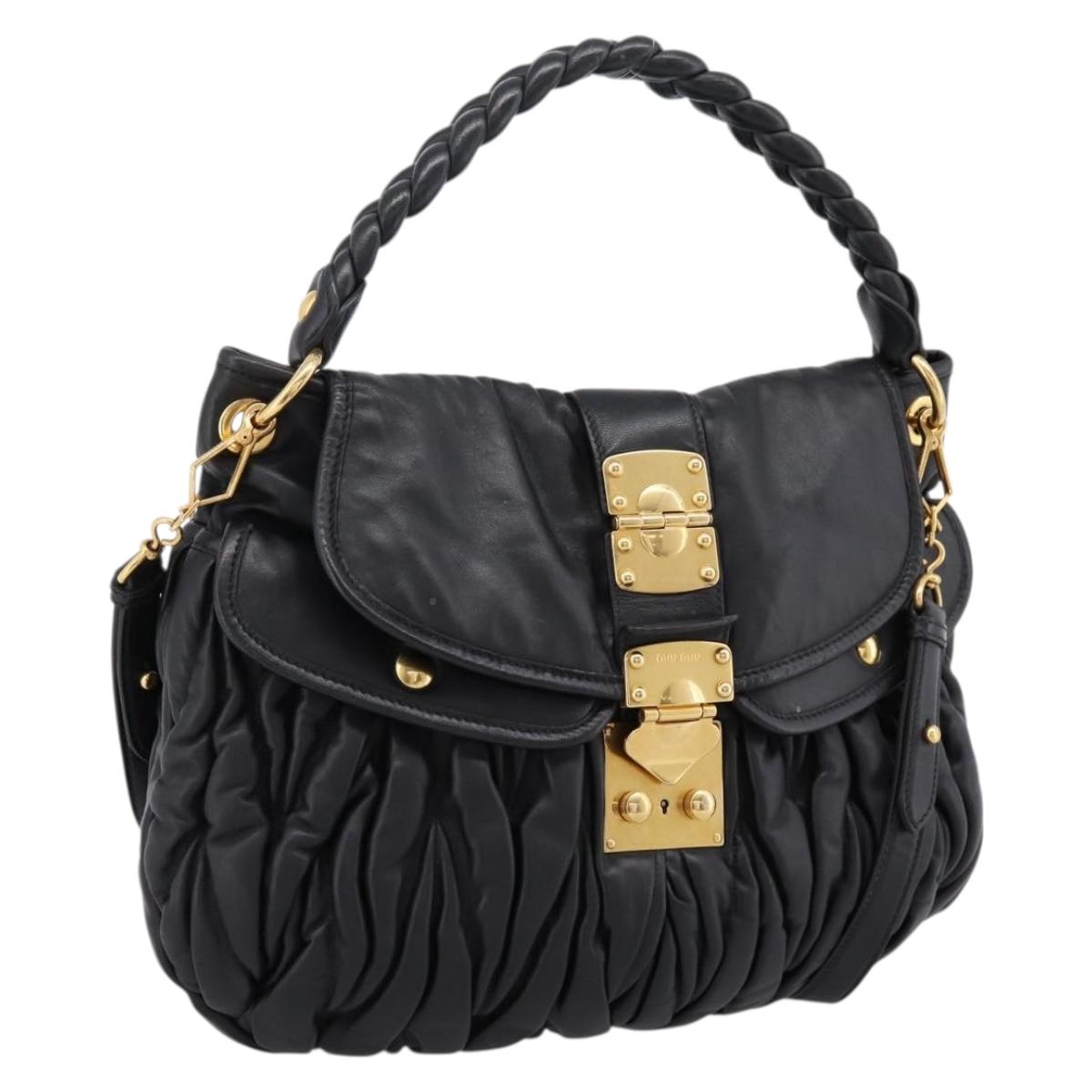 Miu Miu Matelasse Shoulder Bag Leather 2way Black Gold Auth 202894V
