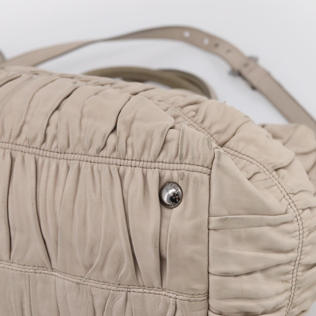 PRADA Gathered Hand Bag Leather 2way Ivory Silver Auth 202895A