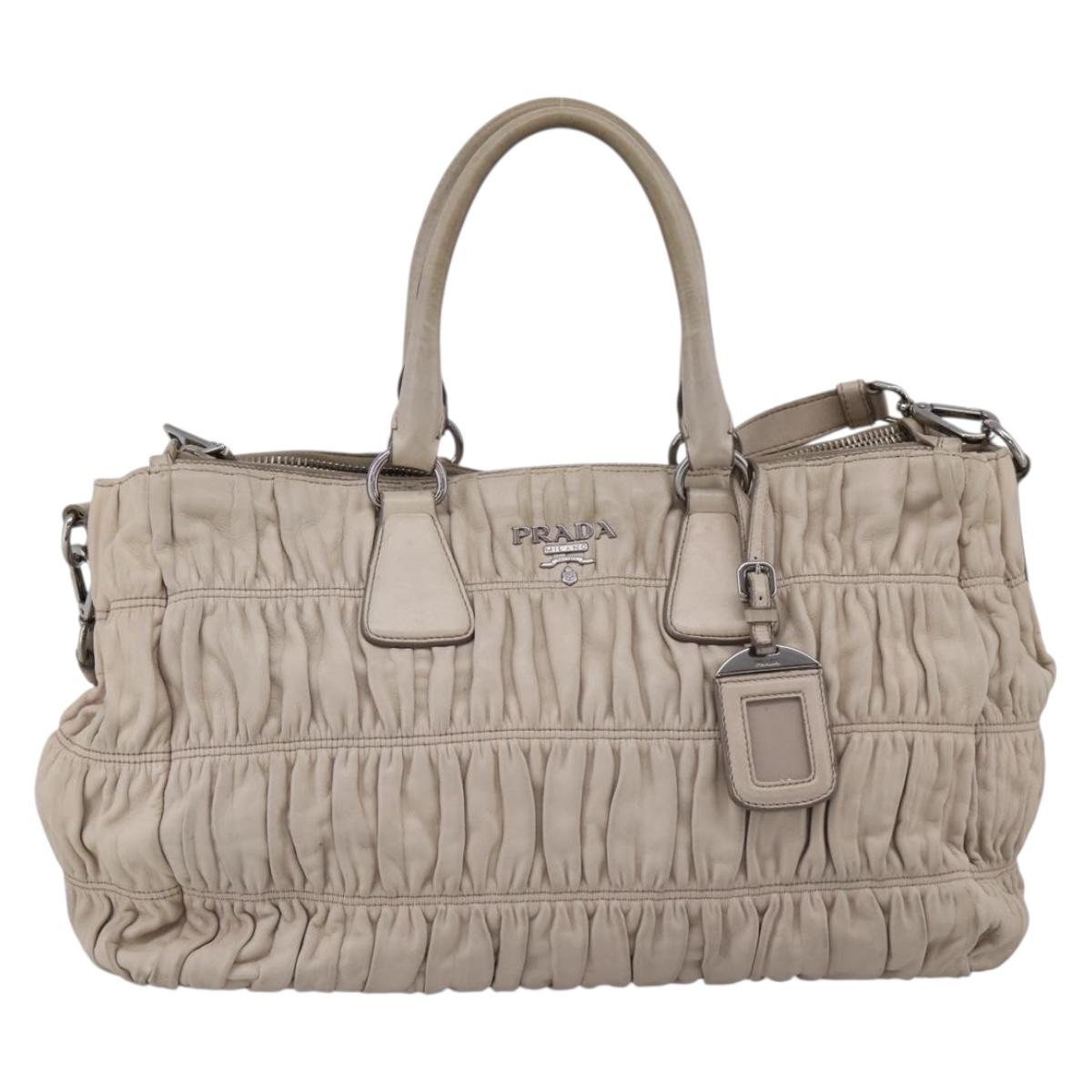 PRADA Gathered Hand Bag Leather 2way Ivory Silver Auth 202895A
