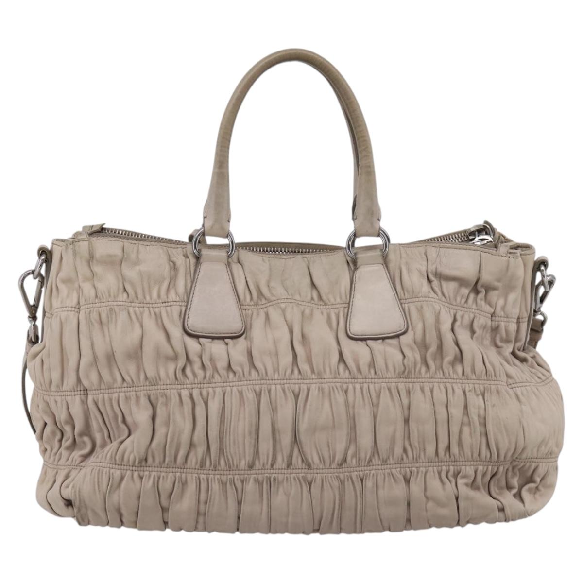 PRADA Gathered Hand Bag Leather 2way Ivory Silver Auth 202895A