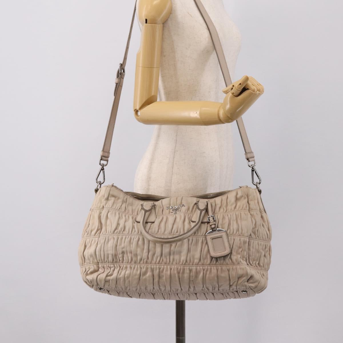 PRADA Gathered Hand Bag Leather 2way Ivory Silver Auth 202895A