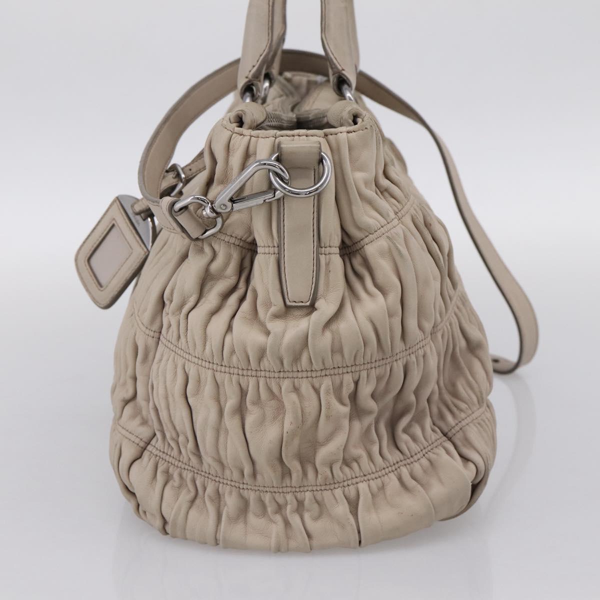 PRADA Gathered Hand Bag Leather 2way Ivory Silver Auth 202895A