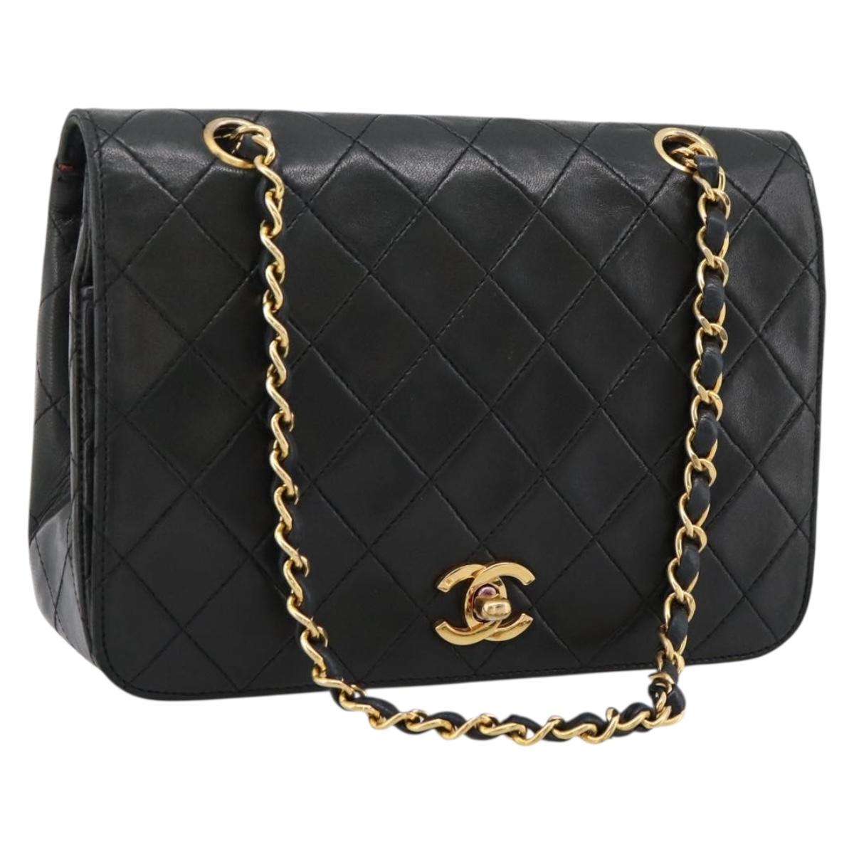 CHANEL Matelasse Chain Shoulder Bag Lamb Skin Black Gold CC Auth 202897V