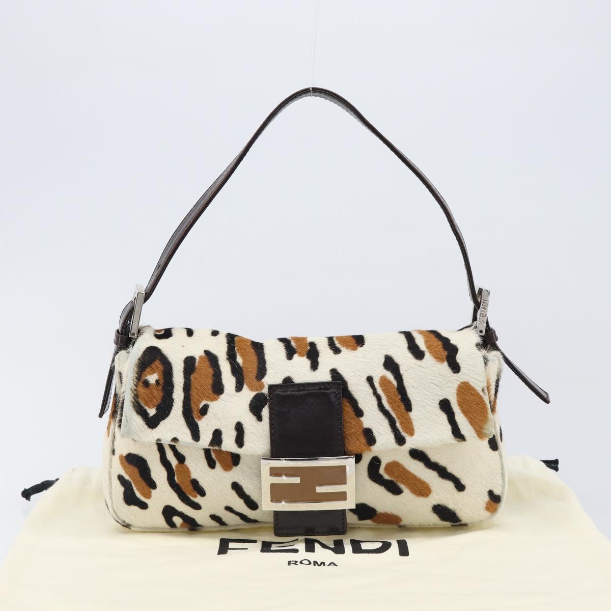 FENDI Mamma Baguette Shoulder Bag Harako leather Beige Silver Auth 202898SAM