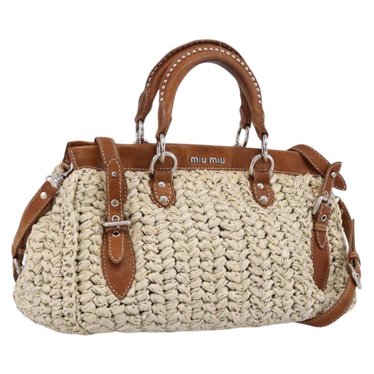 Miu Miu Hand Bag Raffia 2way Beige Silver Auth 202901V