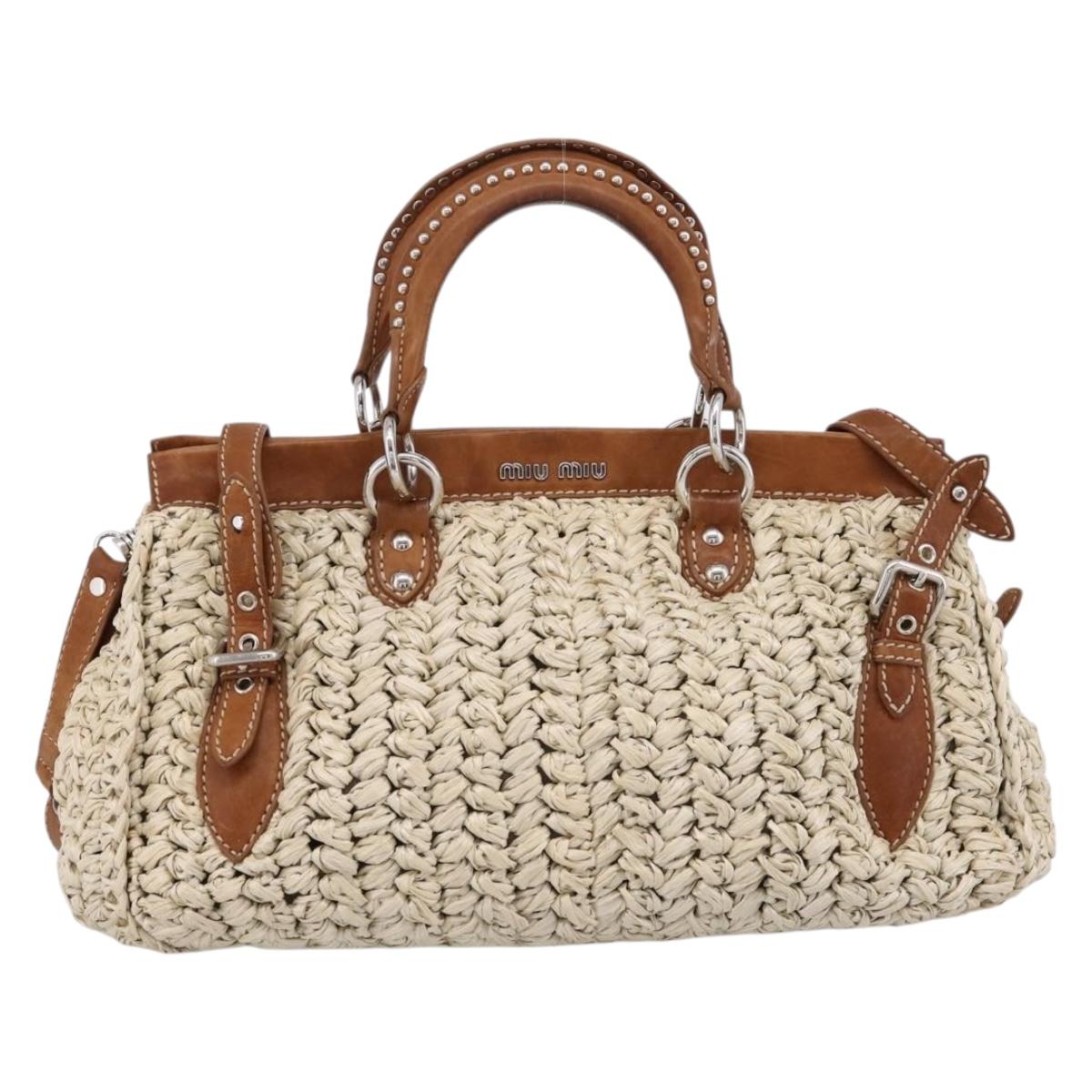 Miu Miu Hand Bag Raffia 2way Beige Silver Auth 202901V