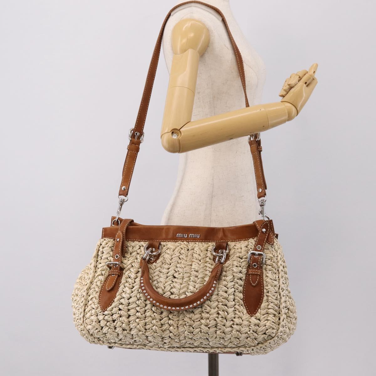 Miu Miu Hand Bag Raffia 2way Beige Silver Auth 202901V