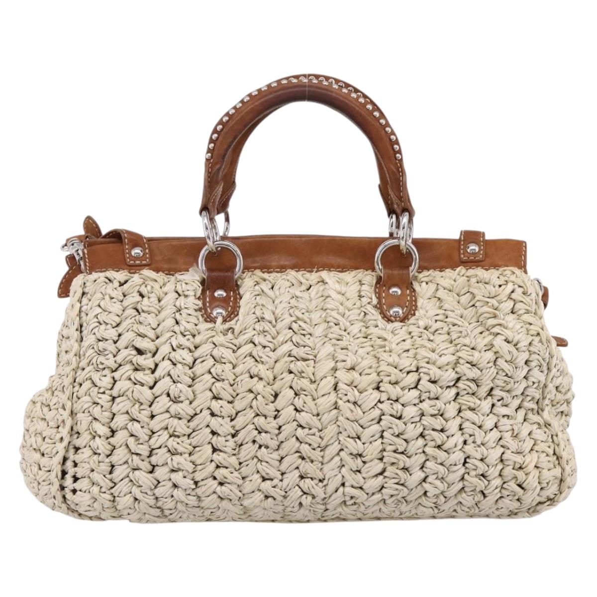 Miu Miu Hand Bag Raffia 2way Beige Silver Auth 202901V