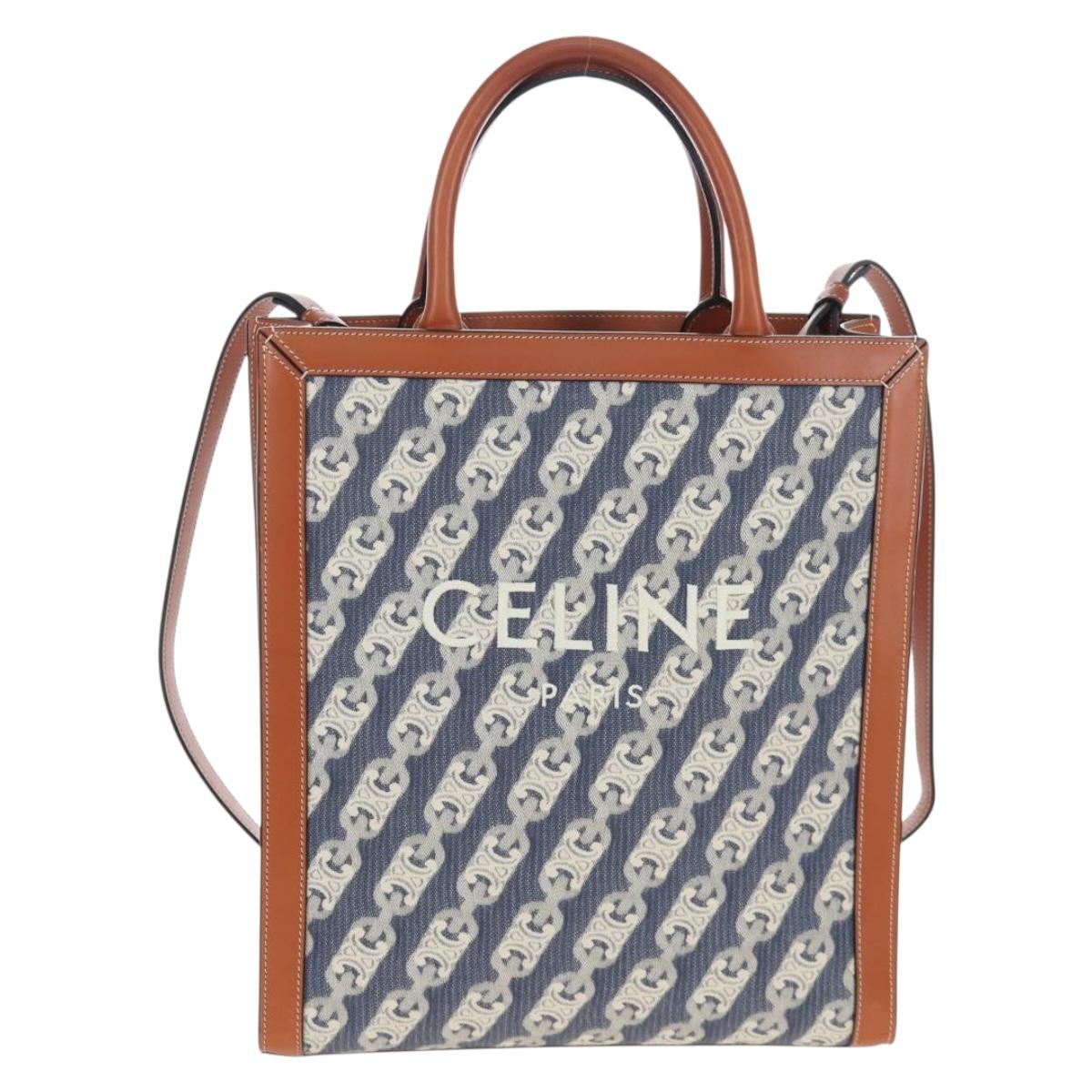 CELINE Macadam Canvas Vertical Cabas Small Hand Bag Navy Gold Auth 202902M