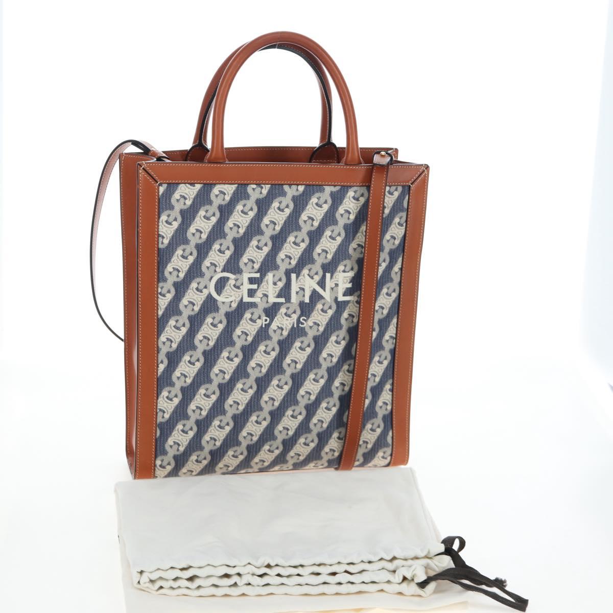 CELINE Macadam Canvas Vertical Cabas Small Hand Bag Navy Gold Auth 202902M