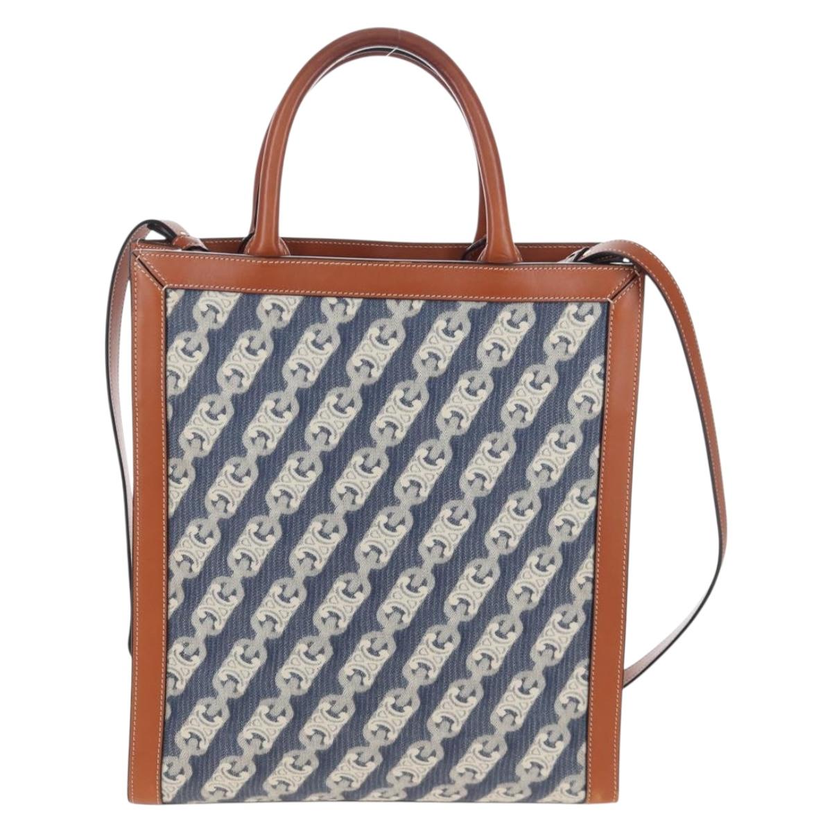 CELINE Macadam Canvas Vertical Cabas Small Hand Bag Navy Gold Auth 202902M