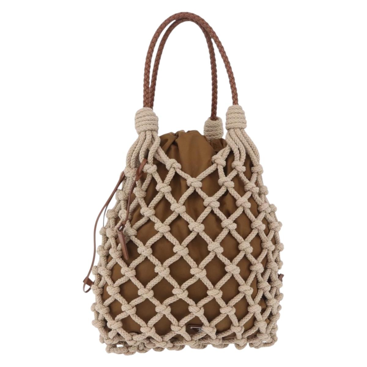 PRADA Tote Bag Knitted Fabrics Beige Silver Auth 202904SAM