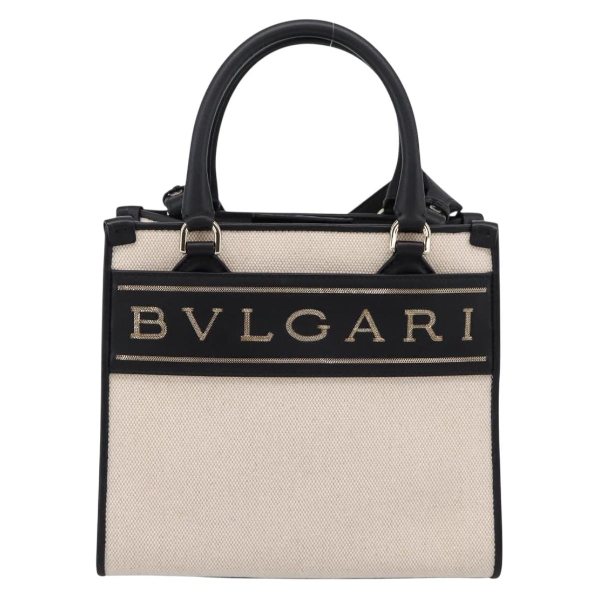 BVLGARI Hand Bag Canvas 2way Beige Gold Auth 202907M