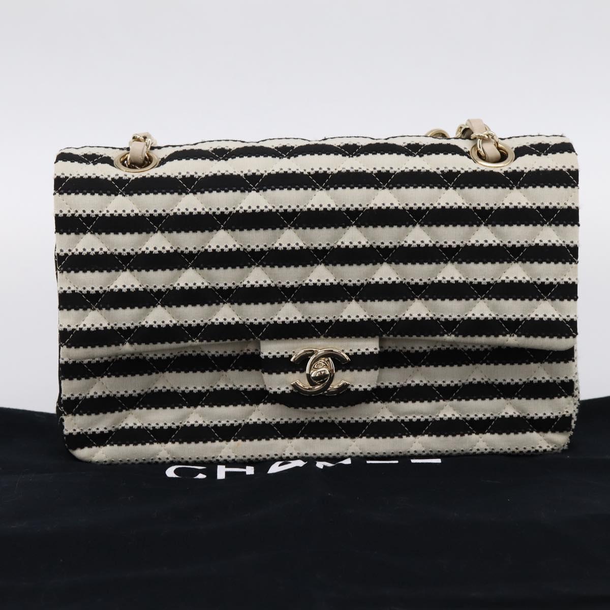 CHANEL Chain Matelasse 25 Bag Cotton Jersey Black White gold CC Auth 202910SM