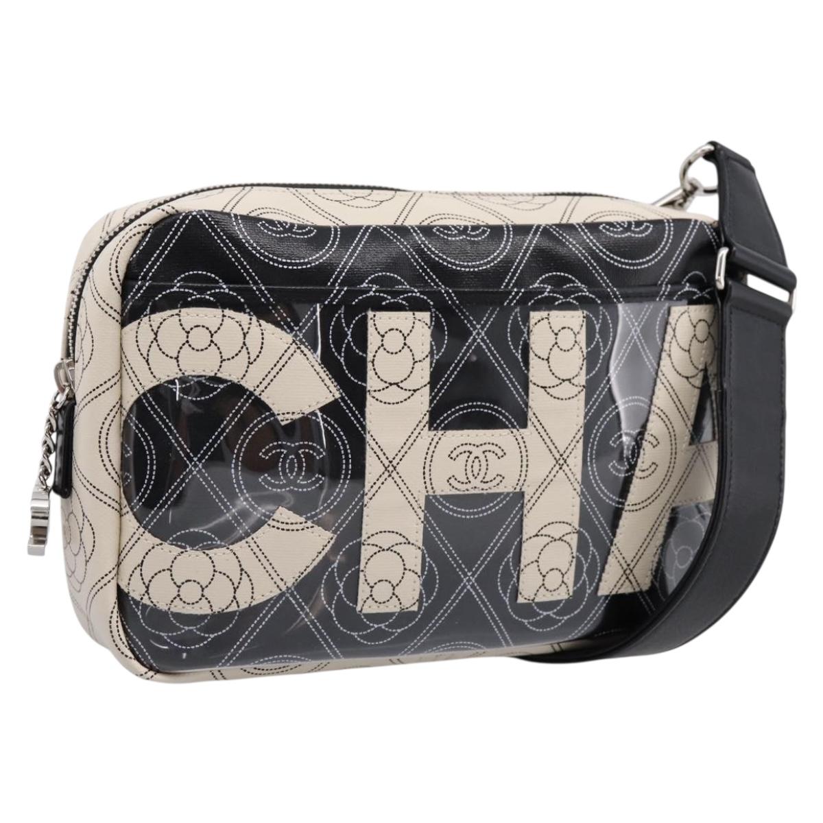 CHANEL Camelia Shoulder Bag PVC Canvas Black Silver CC Auth 202912SAM