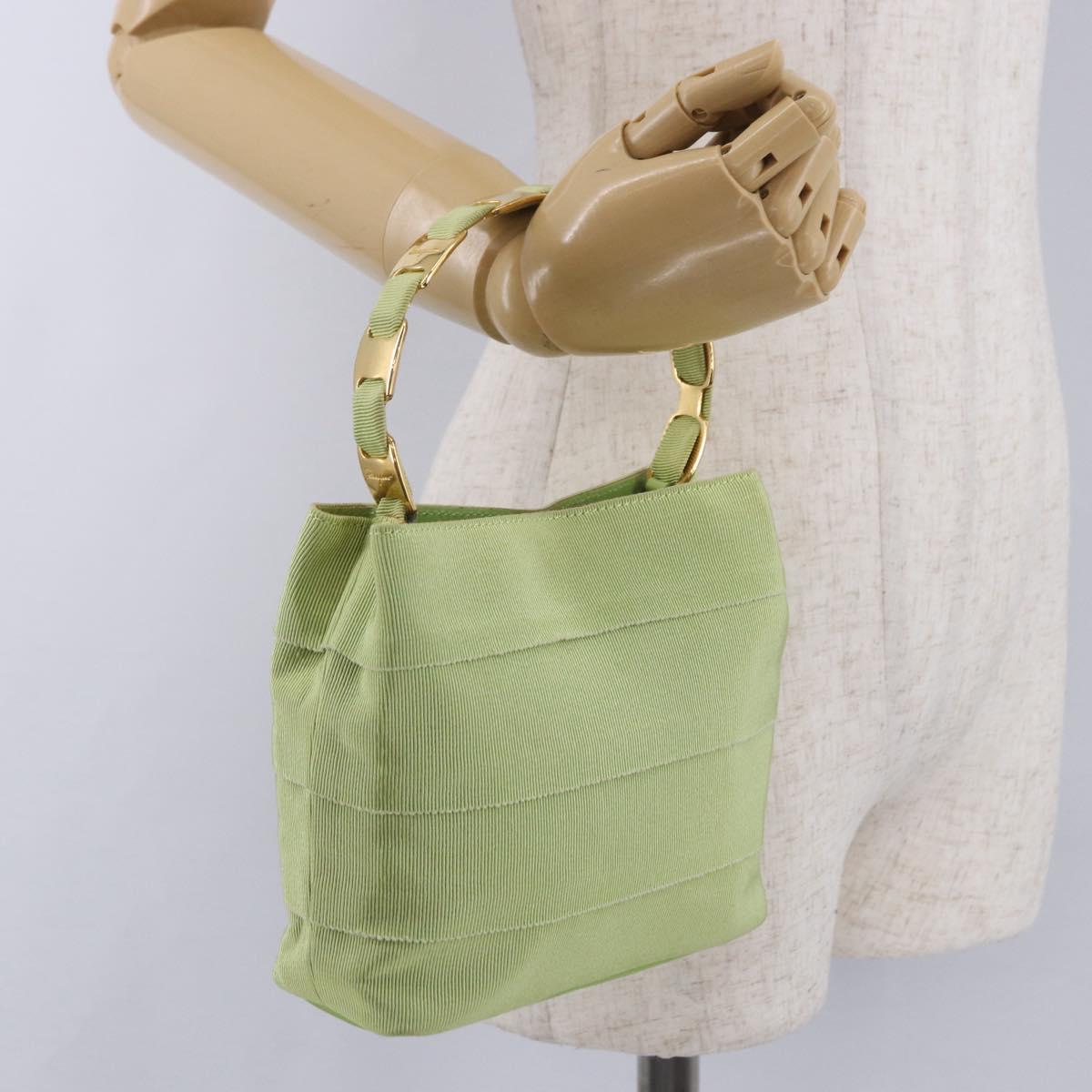 Salvatore Ferragamo Vala Hand Bag Canvas Green Gold Auth 202914A