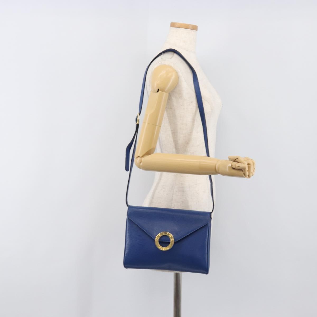 CELINE Circle Shoulder Bag Leather Blue Gold Auth 202918A