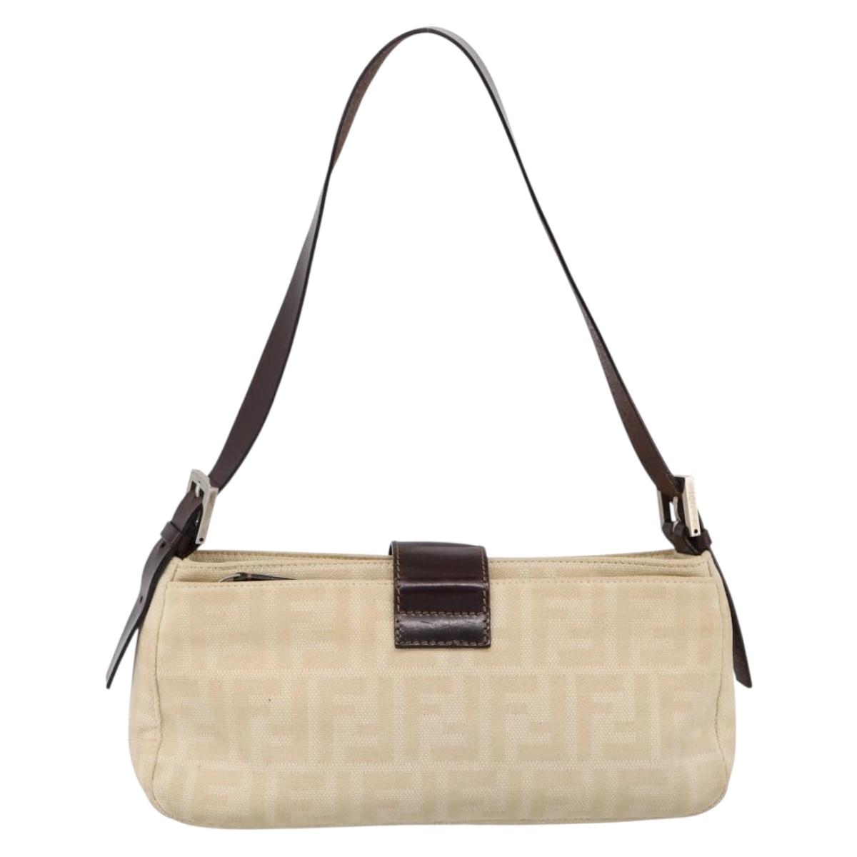 FENDI Zucca Canvas Mamma Baguette Shoulder Bag Beige Silver Auth 202919V