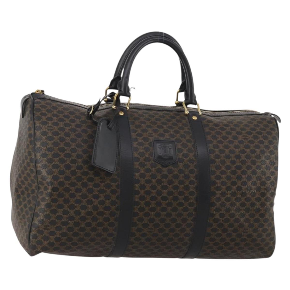 CELINE Macadam Canvas Boston Bag PVC Leather Black Gold Auth 202929V