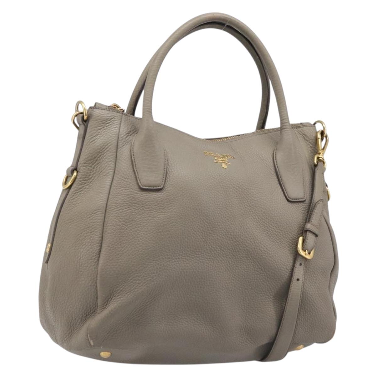 PRADA Hand Bag Vittero Dino Leather 2way Gray Gold Auth 202933V