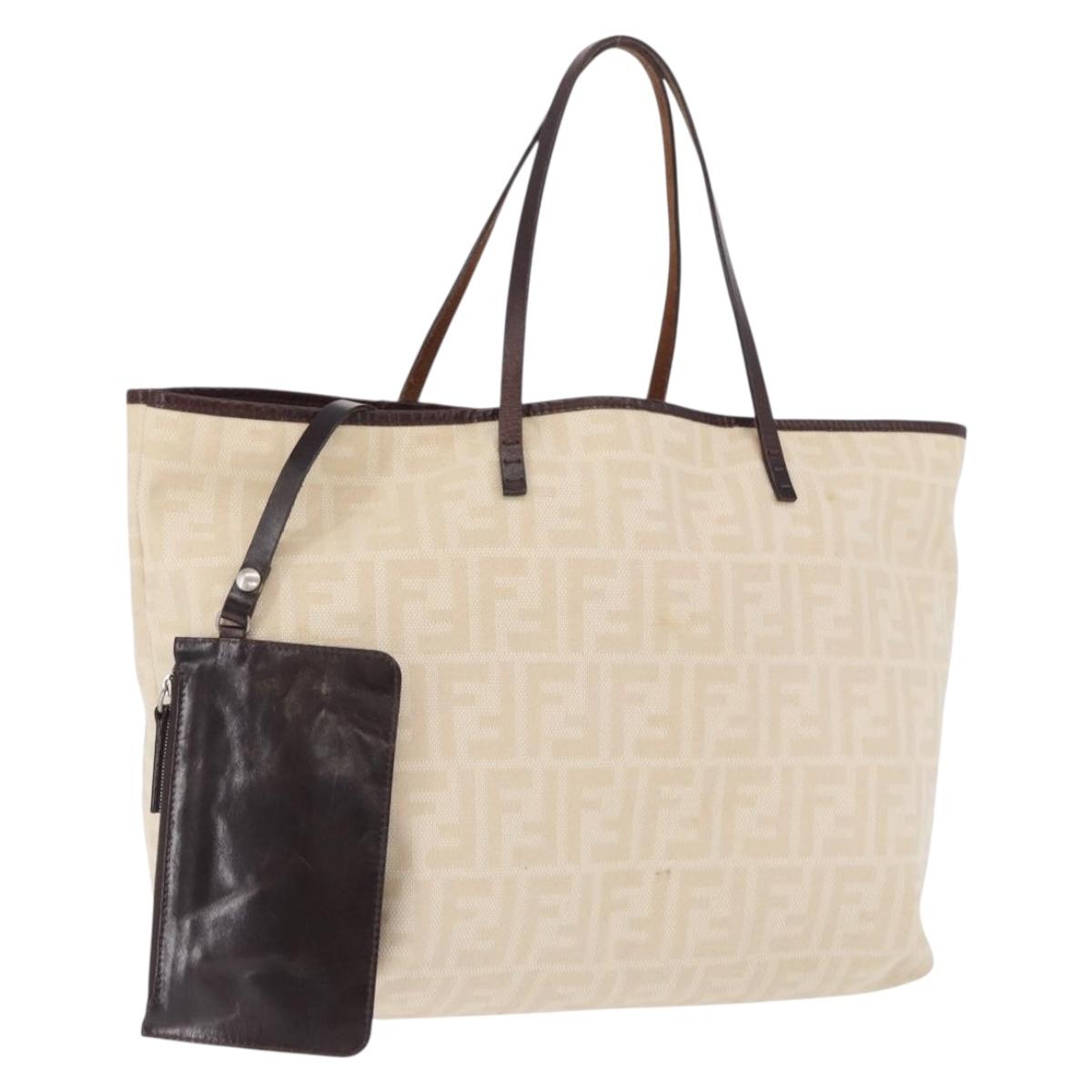 FENDI Zucca Canvas Tote Bag Ivory Silver Auth 202955