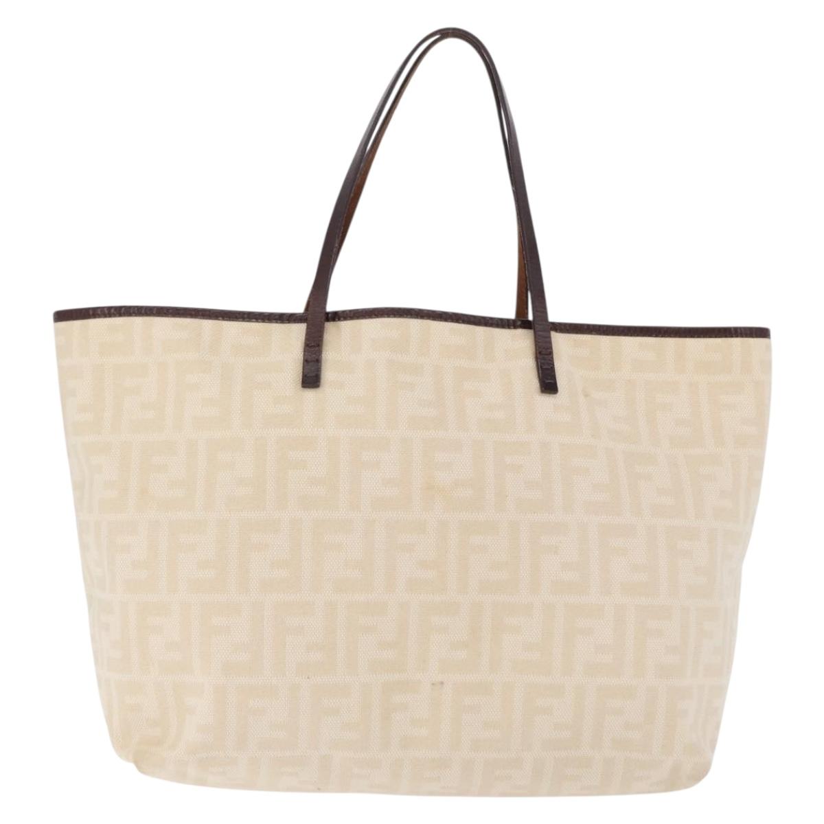 FENDI Zucca Canvas Tote Bag Ivory Silver Auth 202955