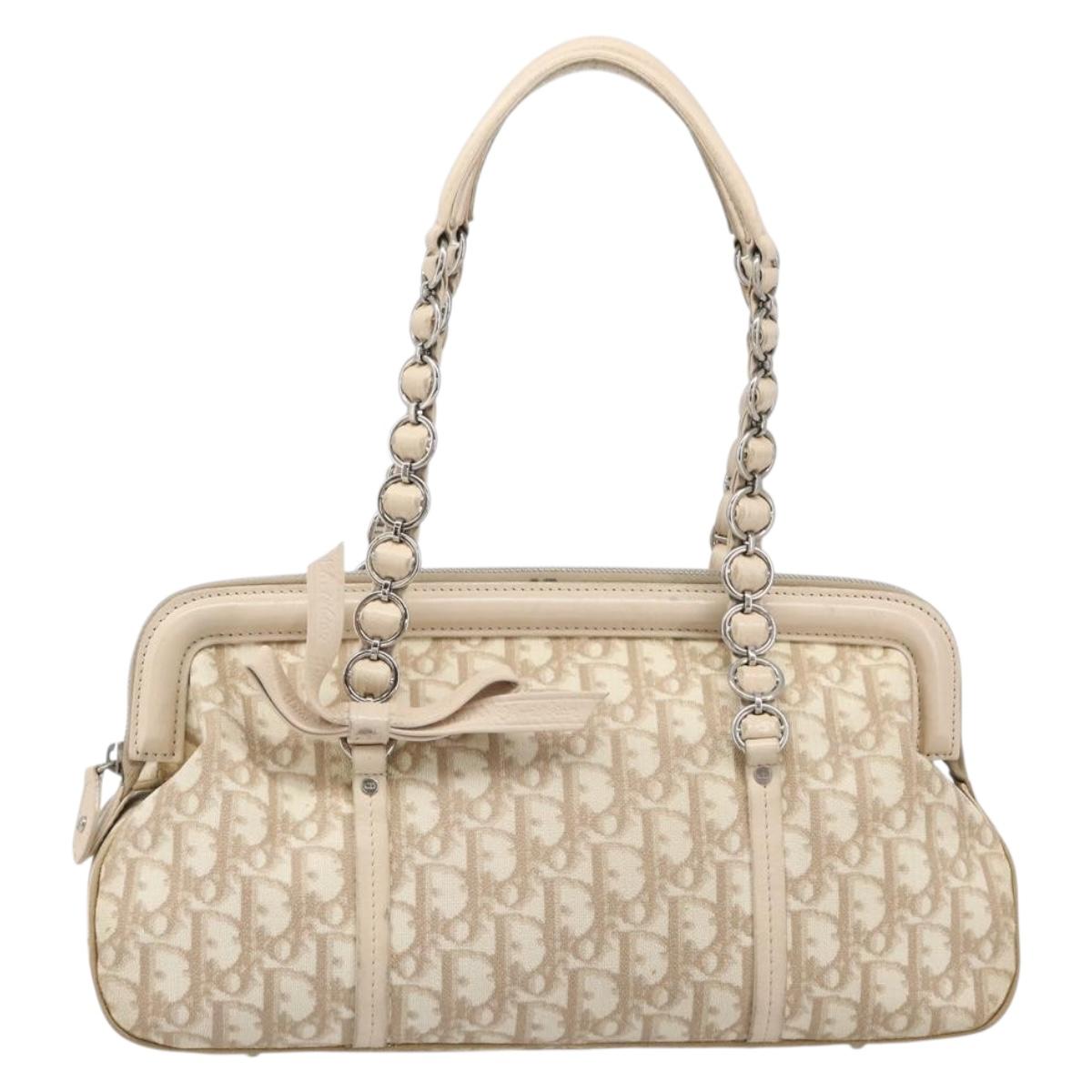 Christian Dior Trotter Canvas Romantic Hand Bag PVC Beige Silver Auth 202956