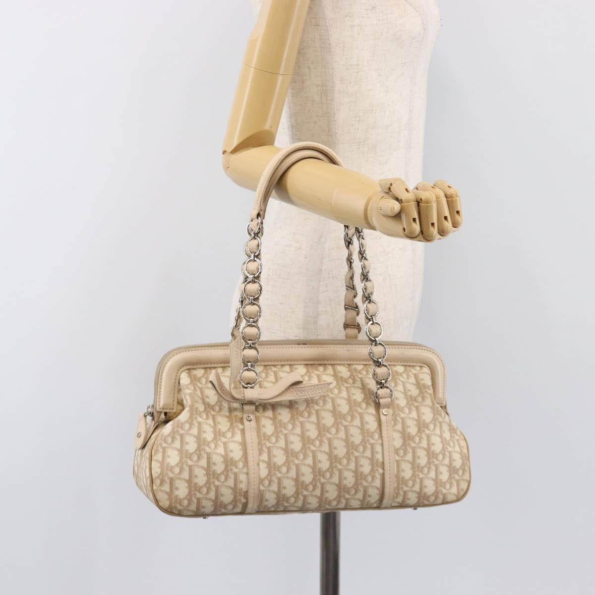 Christian Dior Trotter Canvas Romantic Hand Bag PVC Beige Silver Auth 202956