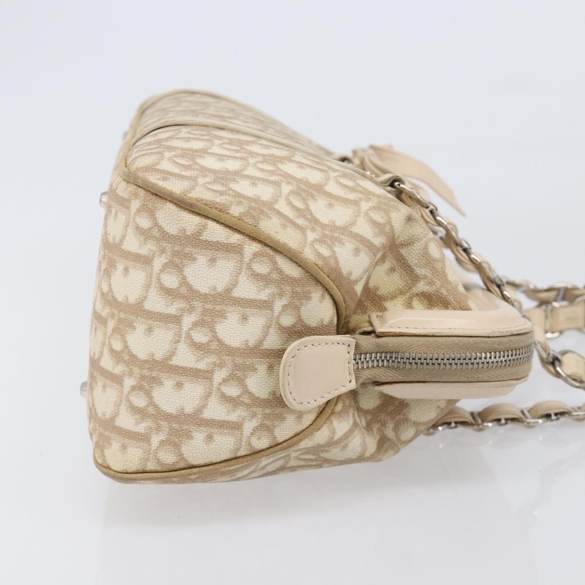 Christian Dior Trotter Canvas Romantic Hand Bag PVC Beige Silver Auth 202956